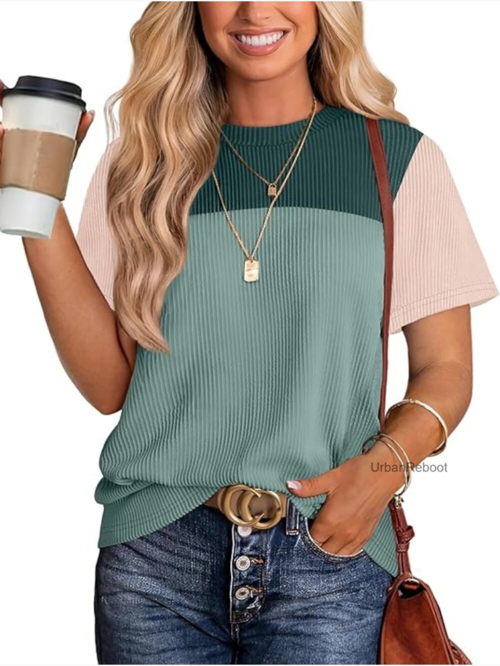 Color Block Short Sleeve Crewneck Knit Top Spring Summer Casual